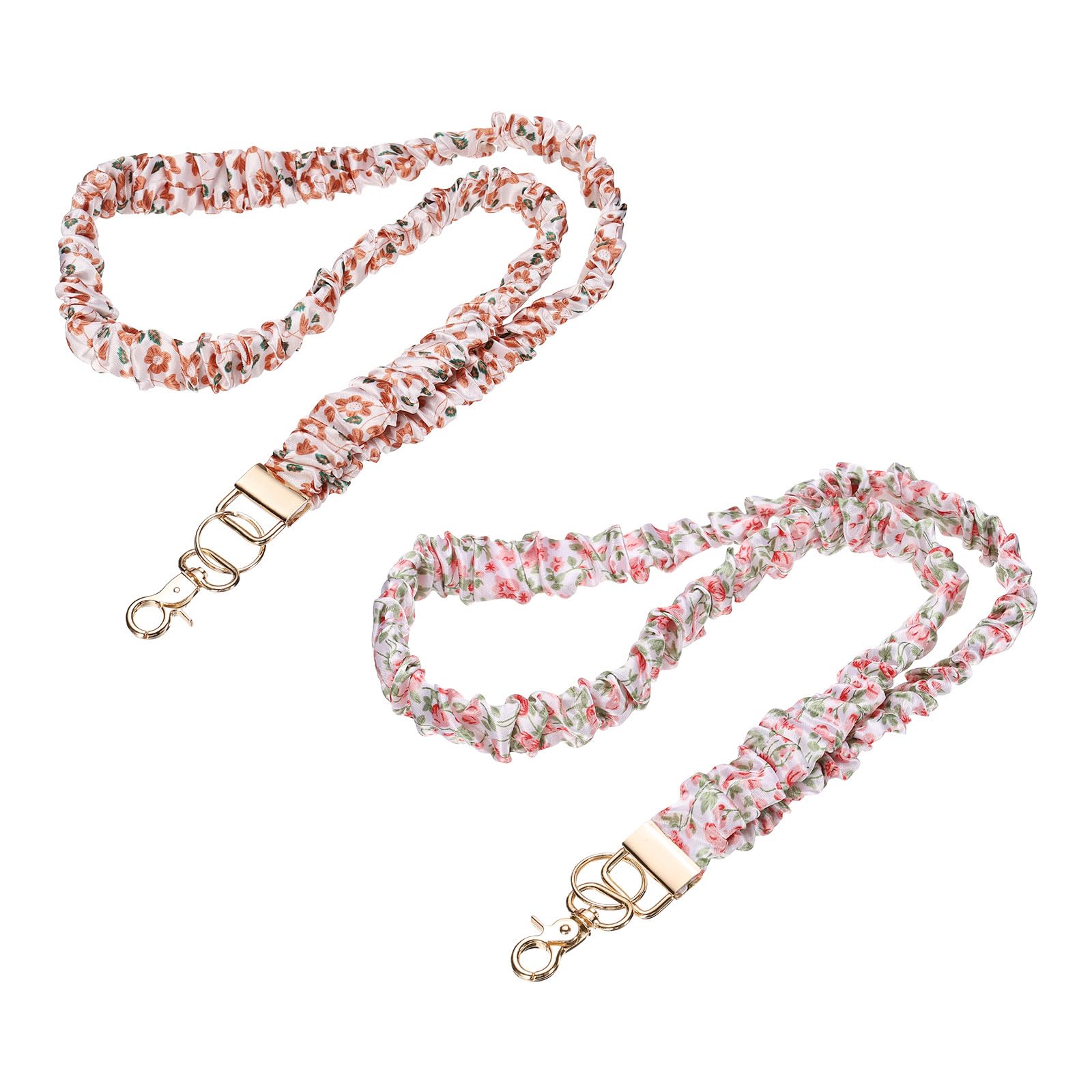 PATIKIL Scrunchie Lanyard Teacher, 2 Pack Stretchy Lanyards for Teachers Cute Lanyards ID Badge Holder with Clips for Women Keychain Card Holder, Pink Flower/Orange