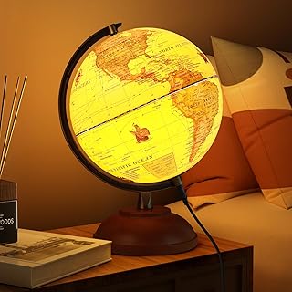 Illuminated World Globe with Wood Stand, 8'' Vintage Globes for Adults, Light Up Globe for Kids Children Earth Geography Learning, Antique Globes Lamp Night Light Desk Decor for Home Office Classroom