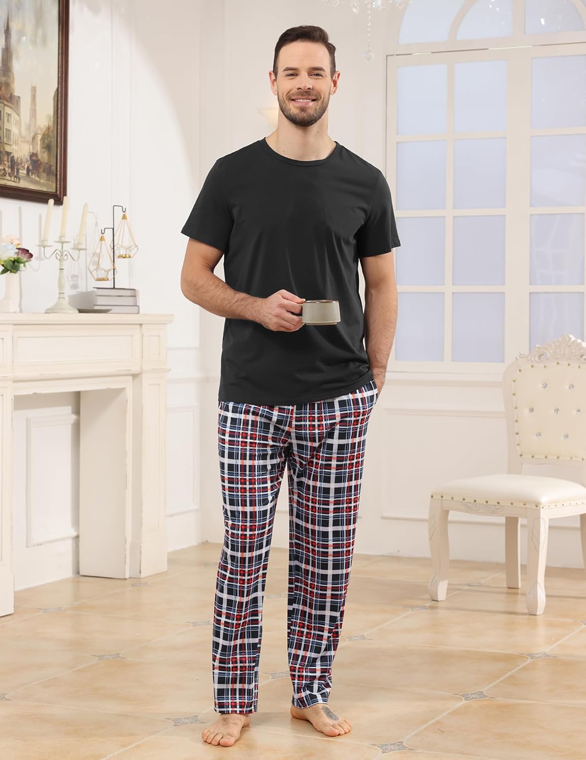 Mens Pajamas Set Cotton Short Sleeve and Plaid Long Pants 2 Piece Loungewear Sleepwear with Pocket - Image 6