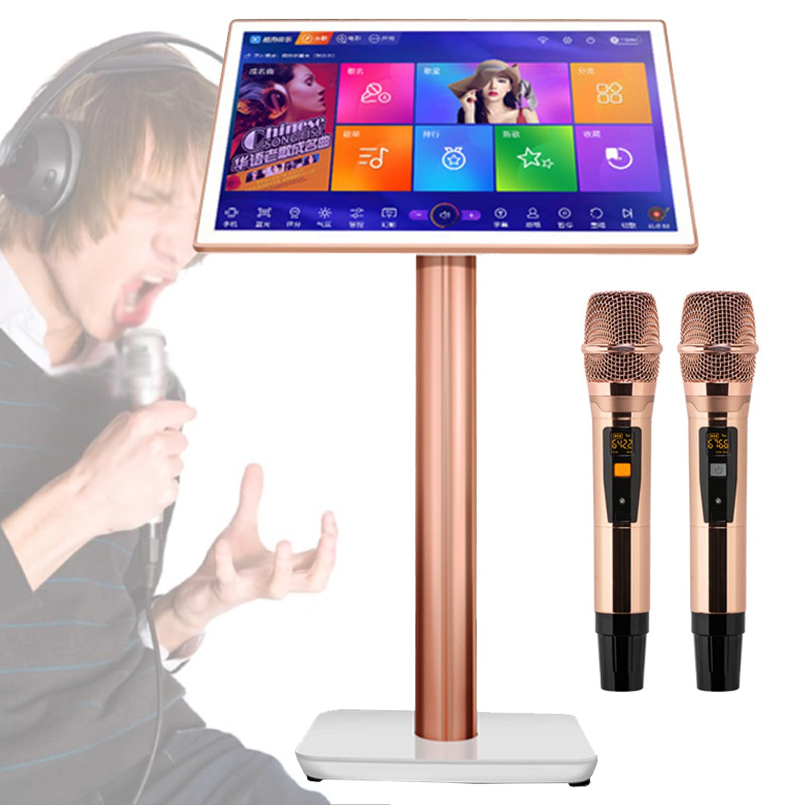 Macchina per Karaoke KTV - Attrezzature per Karaoke con 2 microfoni Wireless con Riverbero, Lettore Karaoke Touch Screen da 19,5 Pollici per Feste in casa, modalità Musica Regolabile,White-3TB