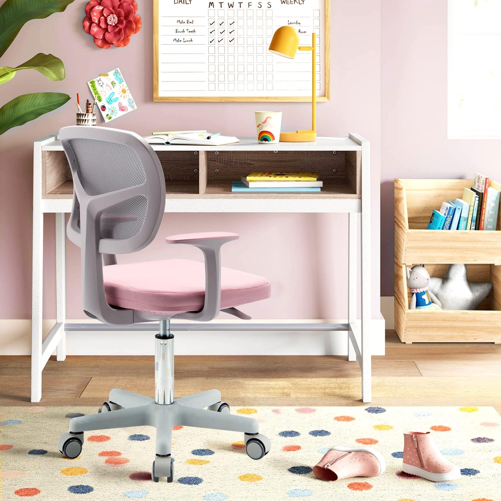 COSTWAY 360° Drehbarer Kinderschreibtischstuhl, Höhenverstellbar 80-91,5 cm, mit Rückenlehne & Armlehnen, 5 Rollen, für Kinder 3-10 Jahre (Rosa)