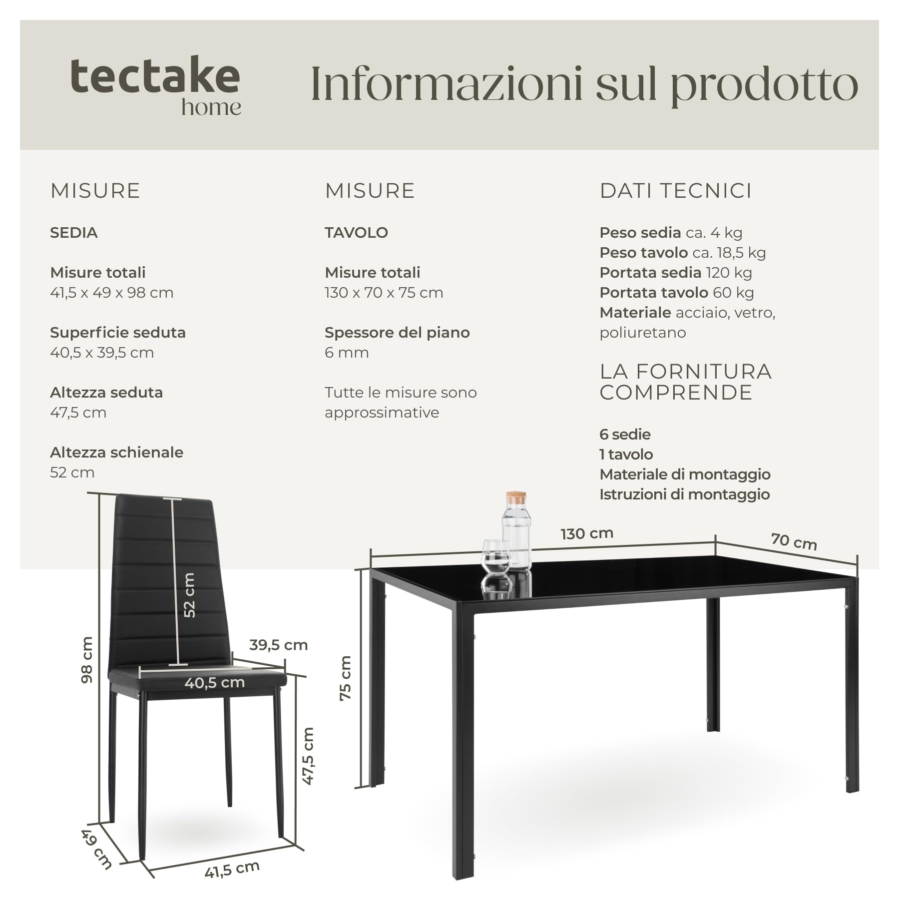 tectake® Set di Mobili per Sala da Pranzo, 6 Sedie in Similpelle Resistente, Tavolo con Piano in Vetro, Design Moderno, Piedini SalvaPavimento, Ideale per Cucina e Soggiorno - Nero/Nero