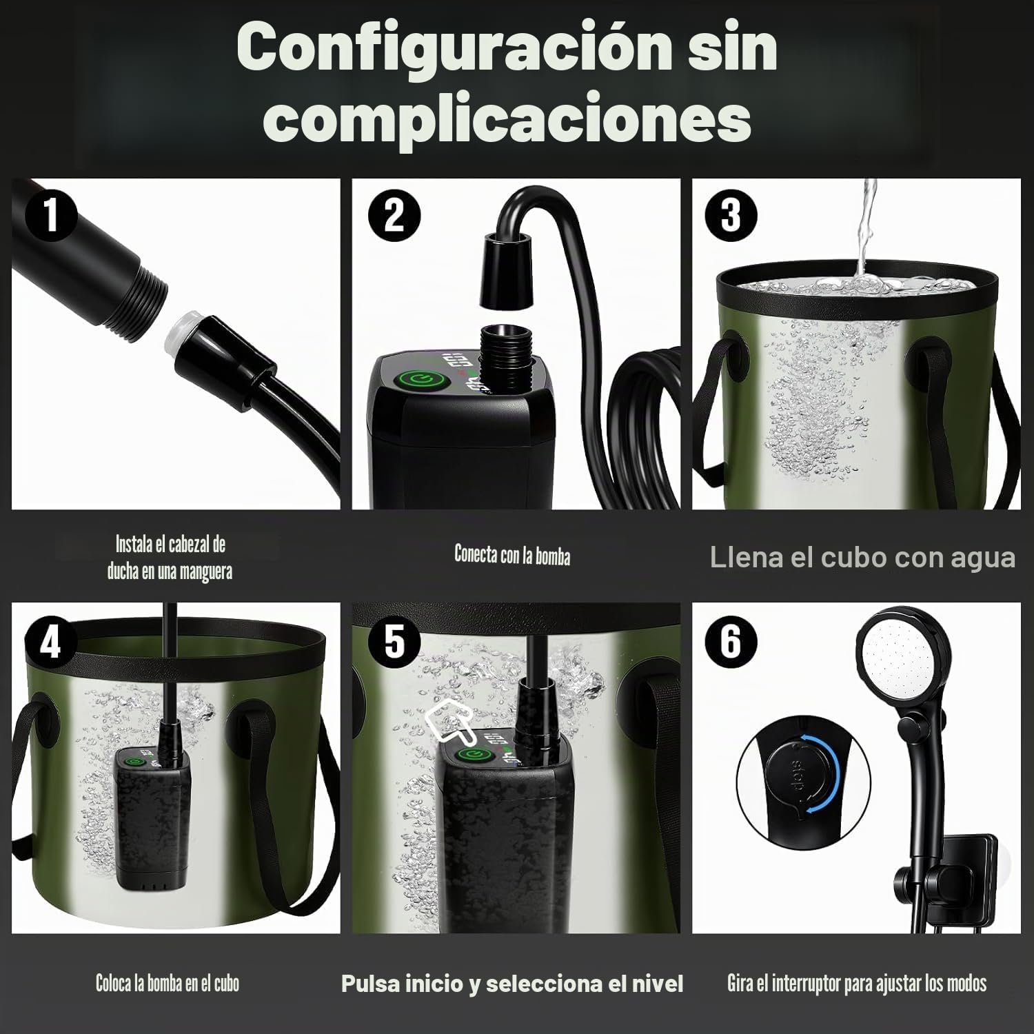 Goody King Ducha Portatil Camping con Bomba Batería 6000mAh – Kit Ducha Agua con Cubo Plegable 20L, Cabezal 3 Modos, Manguera 2m, IPX7, Carga USB-C – Ducha Camper Furgoneta Exterior Perro Jardín