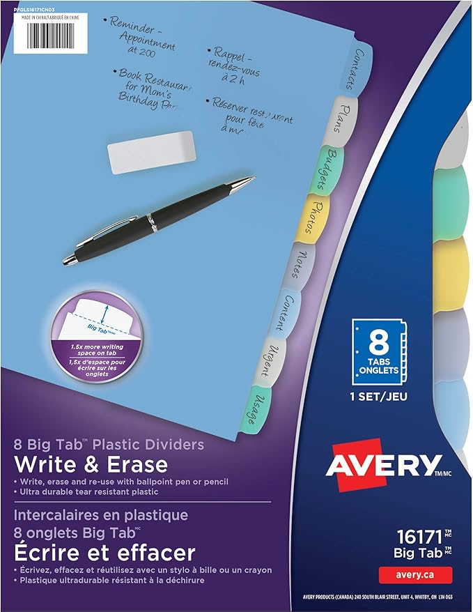 Avery 16171 Big Tab Write/Erase Plastic Dividers, 8.5 X 11
