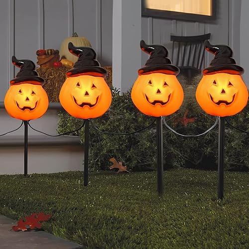 Luces de camino de calabaza con capucha de Halloween al aire libre, 7 pies C7 decoraciones de Halloween al aire libre con 4 luces Jack O Lantern con