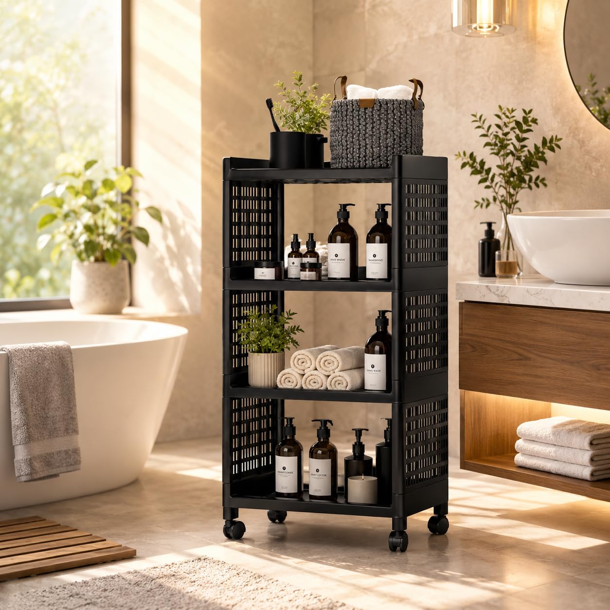 4 Tier Multipurpose Plastic Storage Trolley Rack with Wheels | Movable Bathroom Organizer Shelf for Shampoo, Toiletries, Towels & Cosmetics | Kitchen, Laundry & Home Storage Cart | Black-image-7
