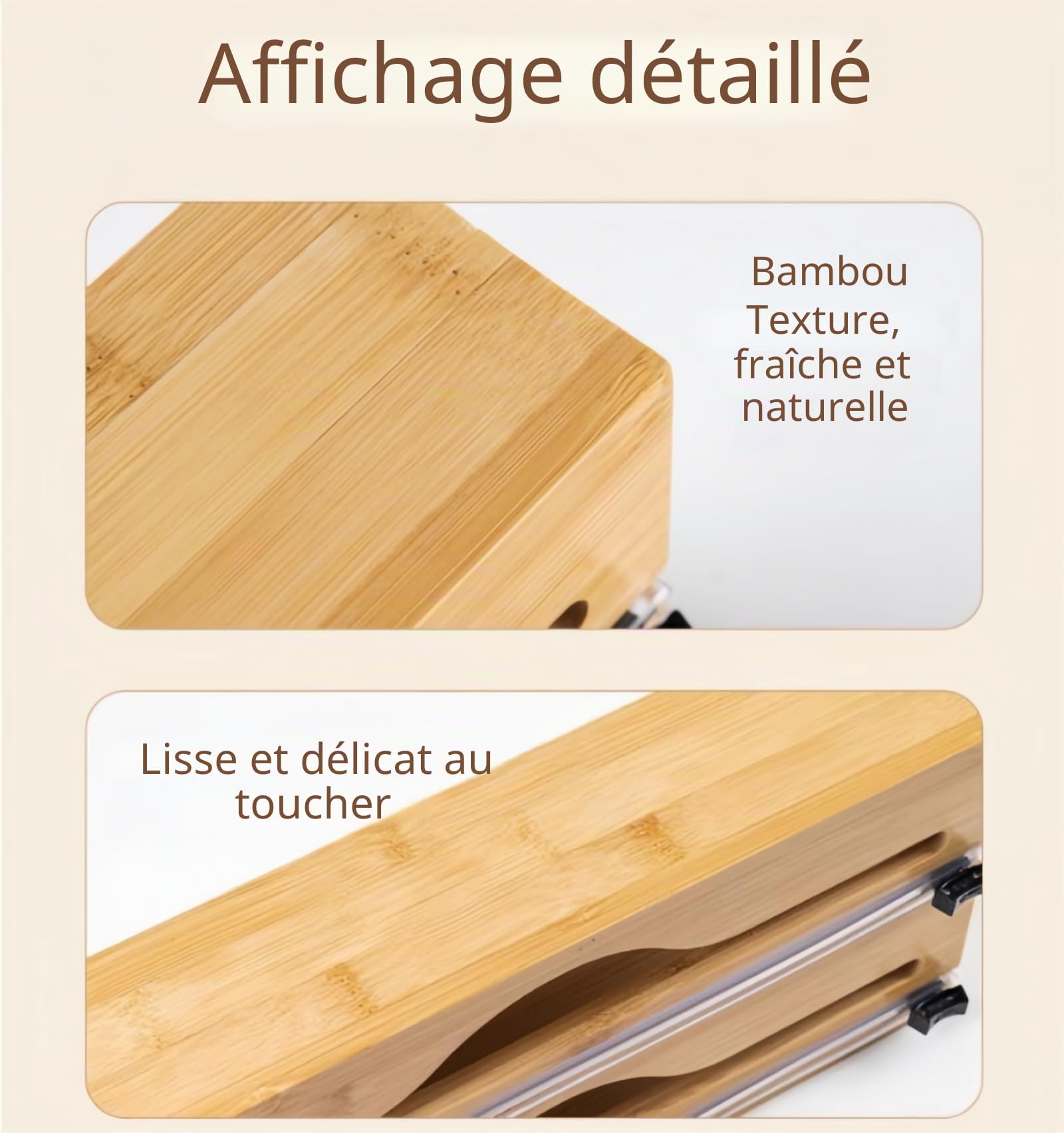 Distributeur de film étirable et coupe-papier avec porte-rouleau de cuisine, distributeur d'aluminium avec support de papier, distributeur mural en bambou et distributeur de film étirable, compatible