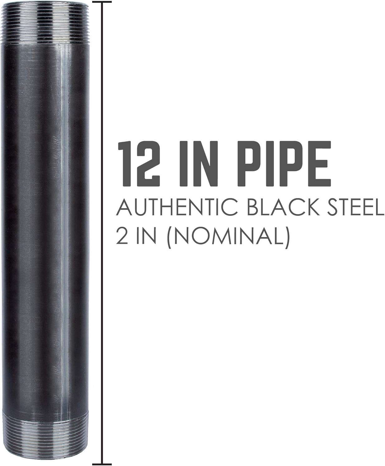 PIPE DECOR Black Steel Plumbing Pipe, 2 in. Dia. x 12 in. Pre-Cut Pipe Fits Standard 2 Inch Black Threaded Pipes, Nipples and Fittings, 4 Pack
