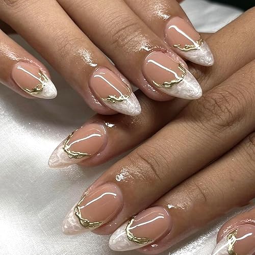 French Short Press On Nails Almond, Nude Fake Nails with