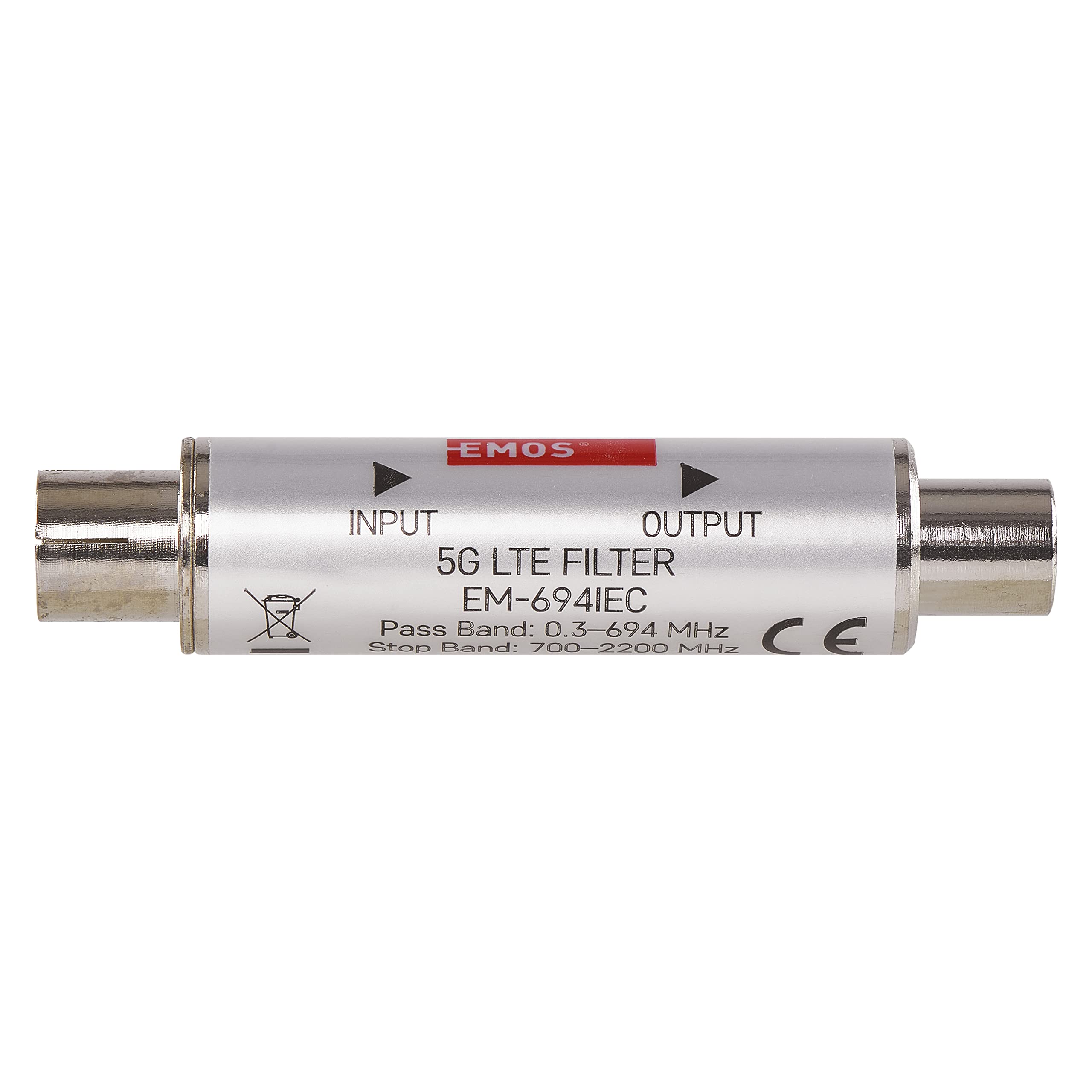 EMOS Filtro de Bloqueo LTE/4G/5G, 694 MHz, 1,6 x 6,8 cm, Conector coaxial, Plateado