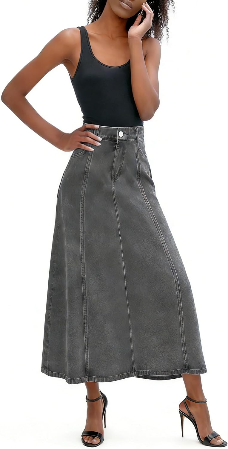 utcoco Women's Stretch High Waisted Denim Skirt Flowy A-Line Jean Maxi Skirt with Pockets