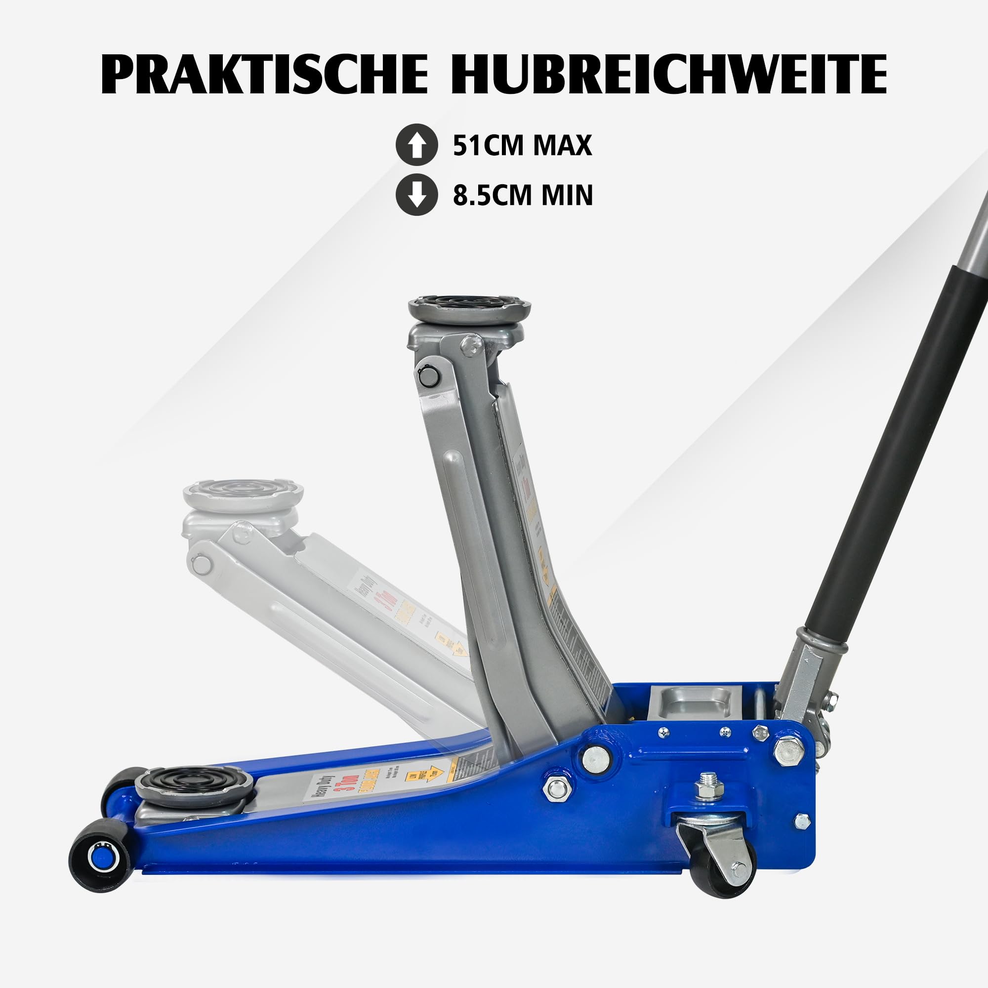 Cric idraulico a carrello 3T, con pompa a doppio pistone, altezza di sollevamento 75-505 mm, ruote girevoli a 360°, blu/argento, per auto e SUV
