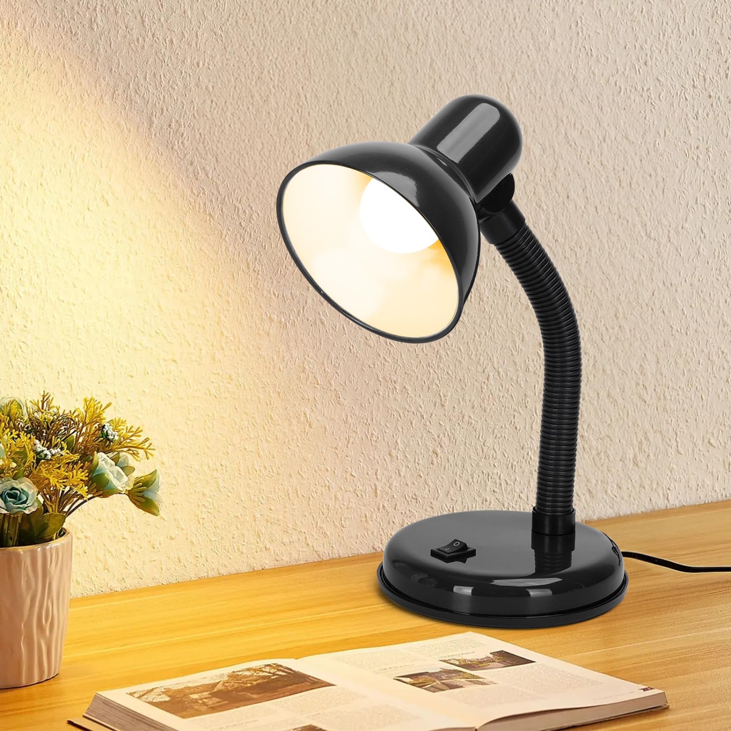 Aigostar Lámpara de Escritorio Retro, Flexo LED Escritorio Vintage Estudio，3000K Luz Amarilla Lámpara de Mesa Compatible con Led Bombillas Modelo E27, Lampara Lectura, Negro