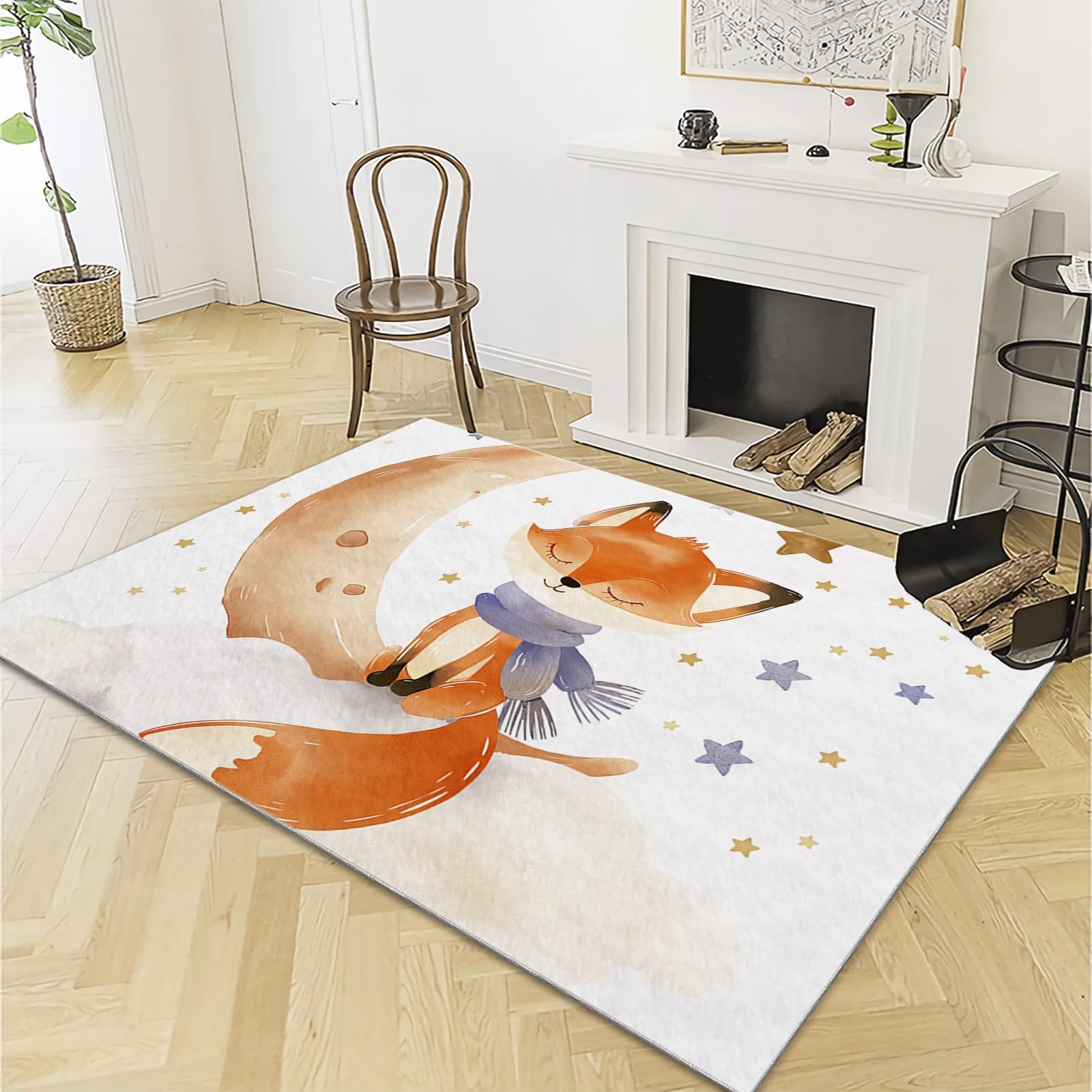 Tapis Poil Court Intérieur Lavable en Machine Aquarelle Renard Lune Doux Moelleux Chambre Enfants Blanc Salon Salle Cuisine Résistant Antidérapant 80x150cm