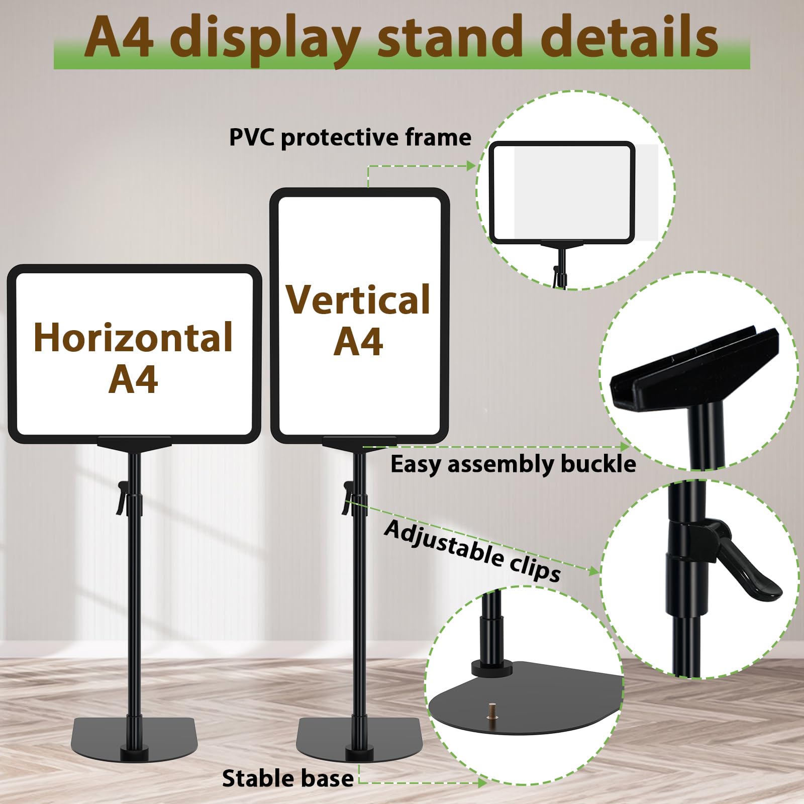Lot de 6 supports d'affiche A4 réglables, réutilisables pour menus publicitaires, supports d'affichage pour affichage vertical et horizontal, noir