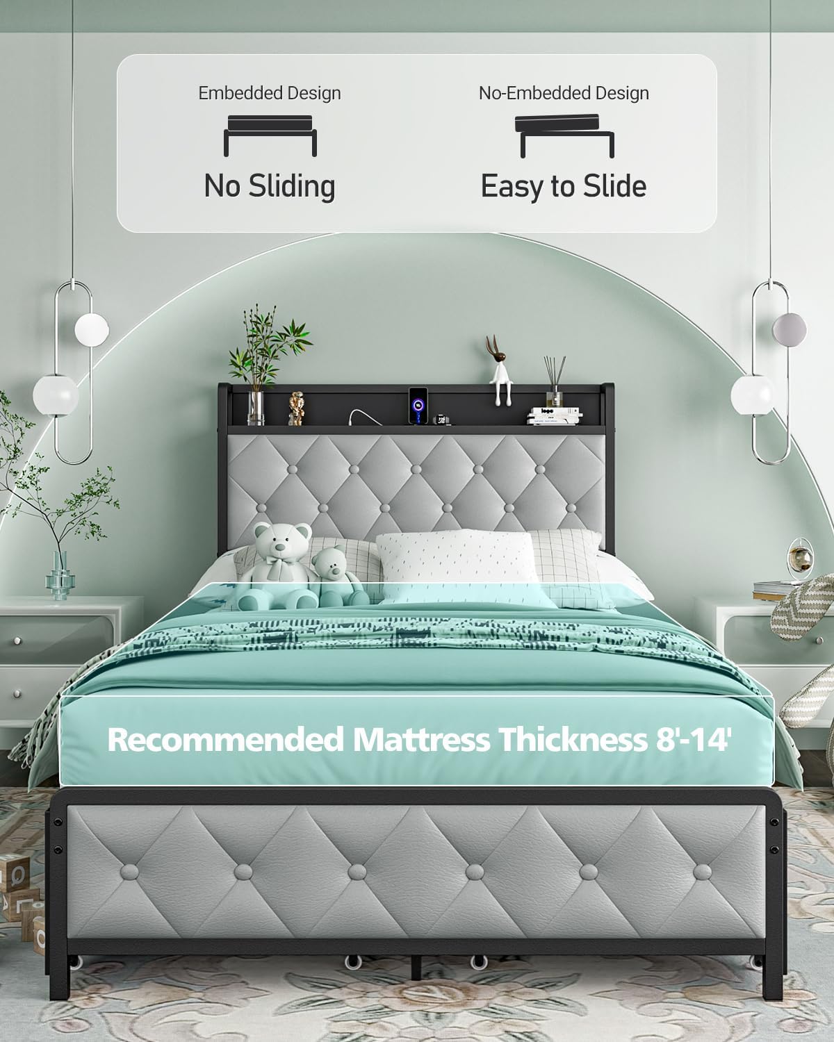 Twin Bed Frame with Button Headboard, PU Leather, All-Metal Support Platform LED Twin Bed with Storage and Outlets, Easy to Install, Stable, Noise-Free (Grey)