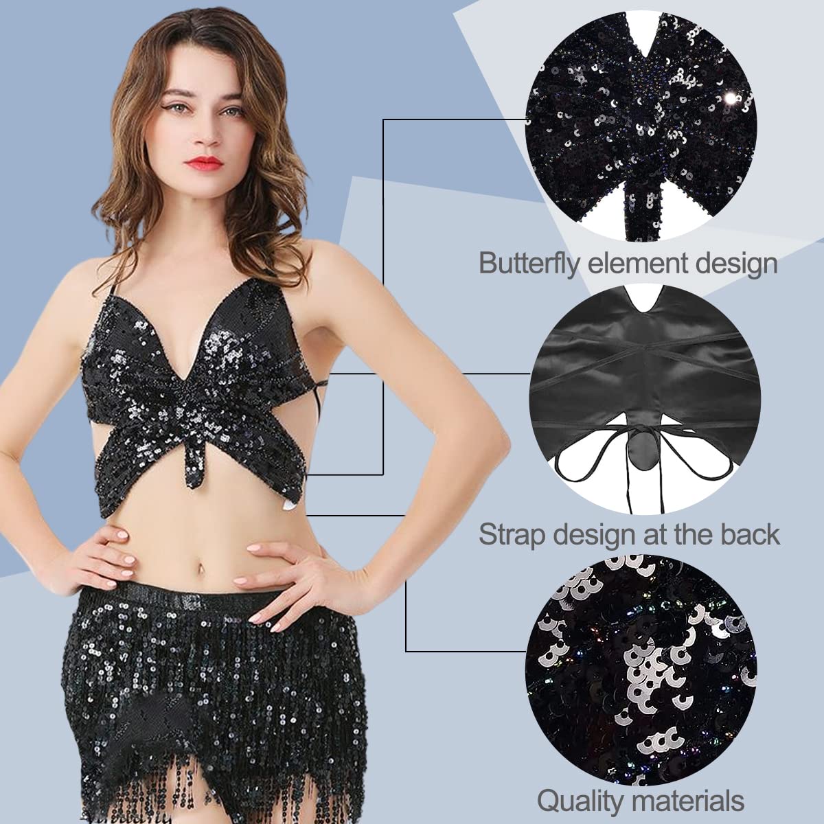 SamHeng Haut de crop top pour femmes, Butterfly Sequin Halter Top Bandage Top, Costume de gilet sans manche à tube arrière à lanière pour la danse du ventre, la danse latine, le club de fête