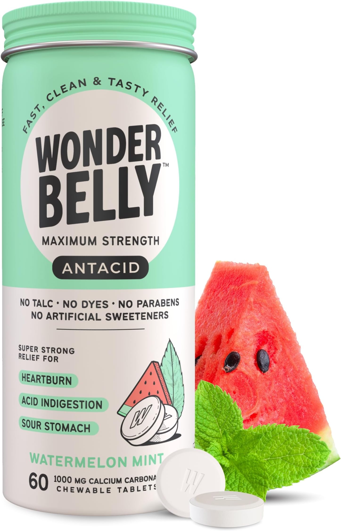 WonderbellyAntacid, Effective Heartburn and Instant Acid Indigestion Relief, Extra Strength Chewable Tablets, 1000 mg Calcium Carbonate, No Talc or Dye, Watermelon Mint, 60 Count