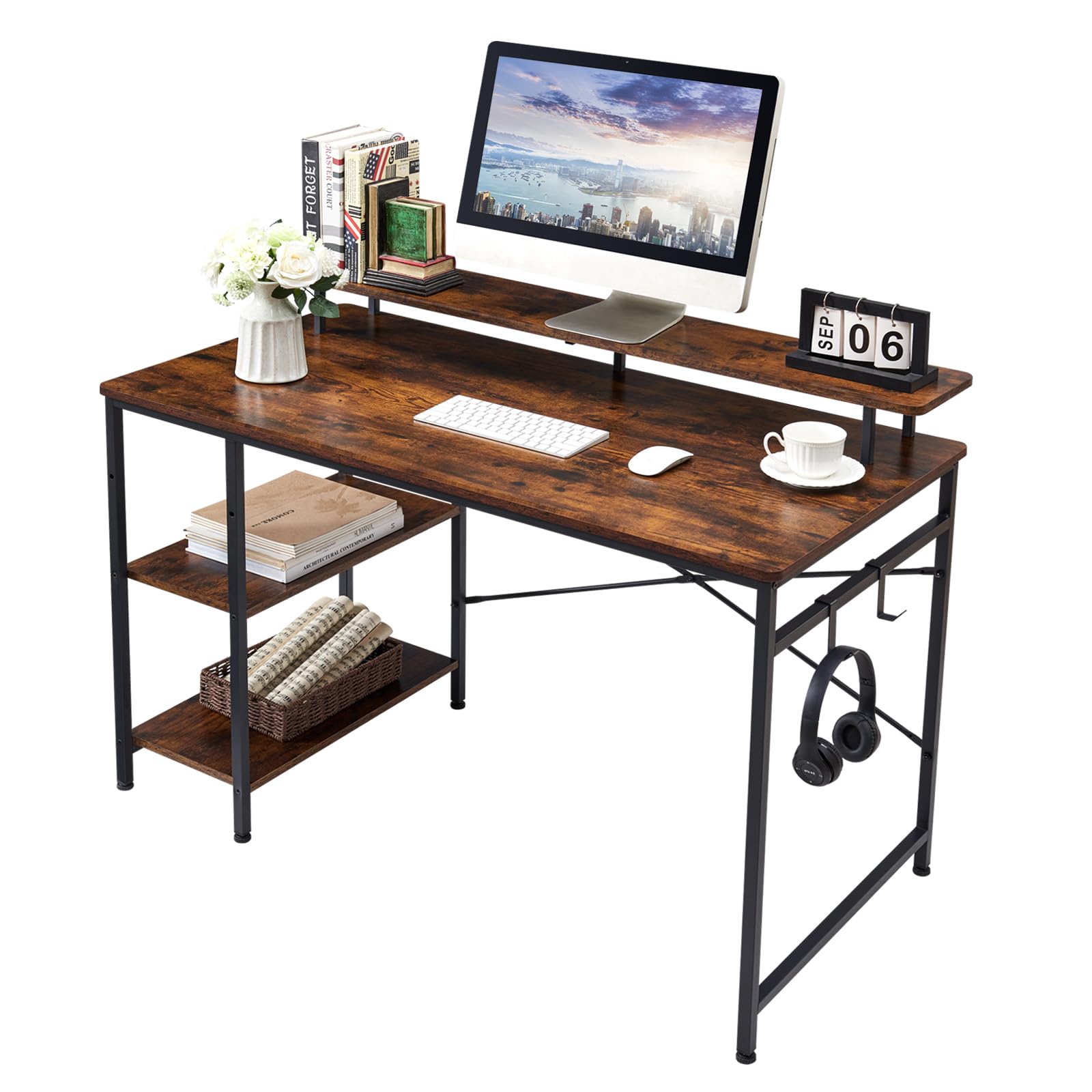 Home Office Desk, 47" Computer Desk, 2 Storage Shelves on Left or Right Side, Vintage