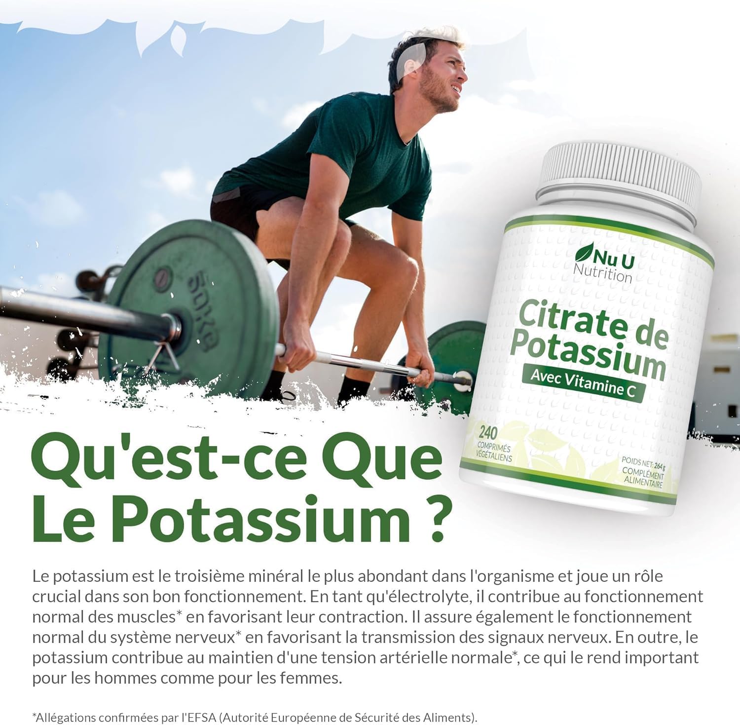 Potassium 1550mg & Vitamine C - 240 Comprimés Végétaliens - 4 Mois d’Approvisionnement - Citrate de Potassium à Forte Puissance - Support d'Électrolytes Naturels - Nu U Nutrition