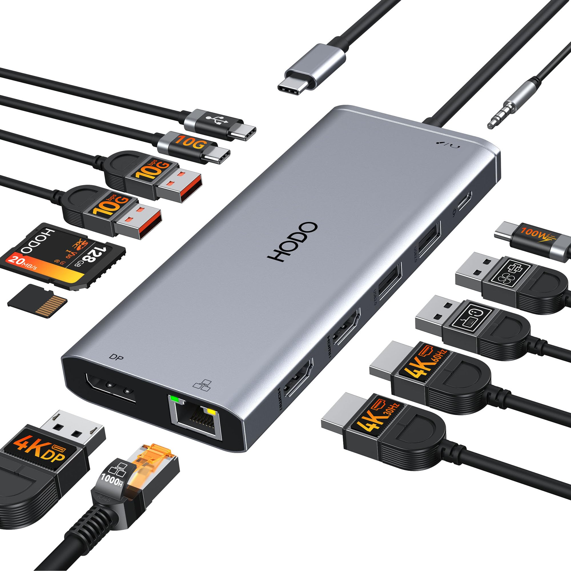 Dockingstation Laptop 2 Monitores, Docking Station USB C Hub Adapter 14 in 1 con Dual HDMI, 10 Gbps Data Port, DisplayPort, Ethernet, PD, USB, SD TF Kartensteckplatz, 3.5mm Audio