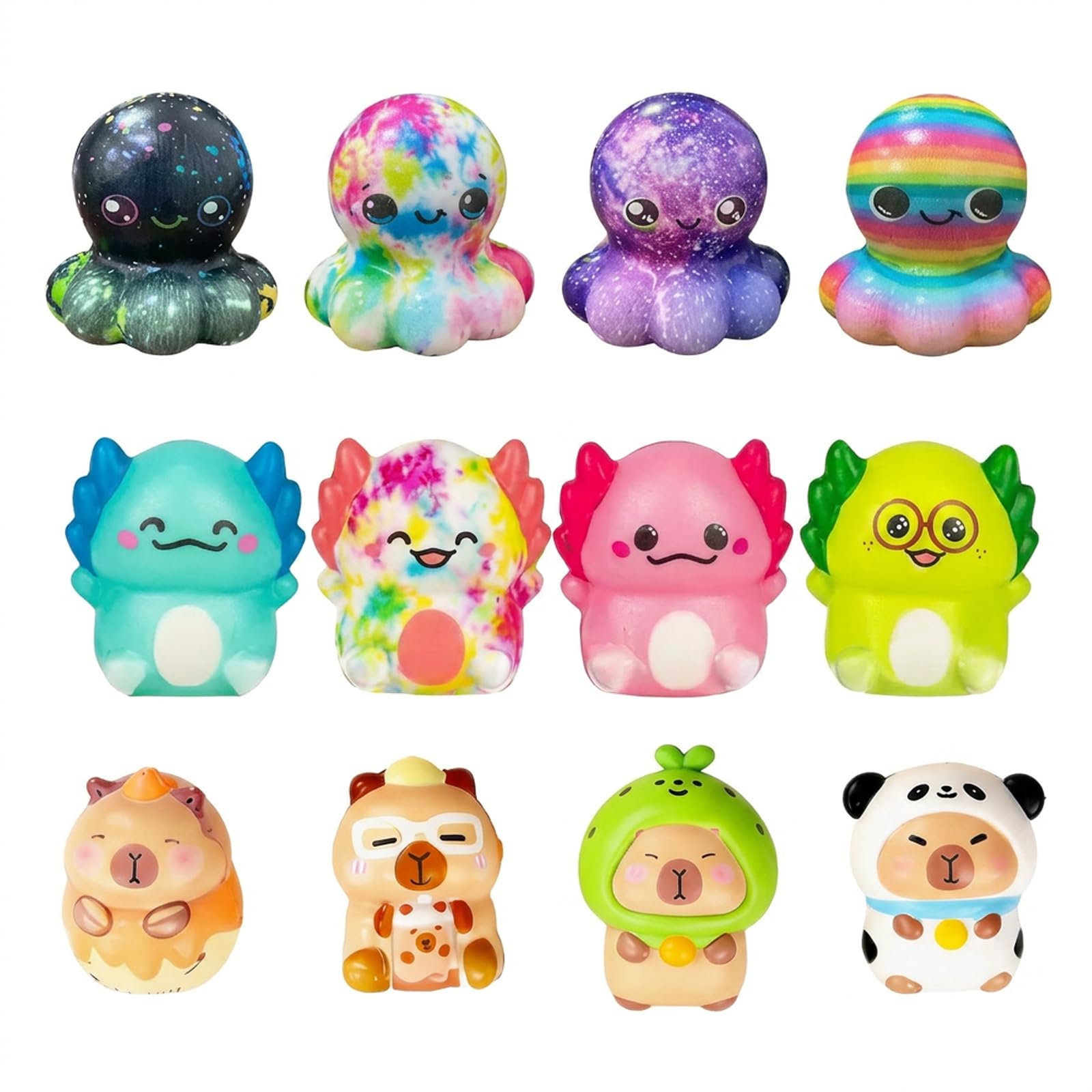 GETFACAI 12 PCS Random Axolotl Squishy, 4 Axolotl 4 Octopus 4 Capybara Assortment with Random Colors, Desktop Decor for Focus Enhancement, Ideal for Office and Study Environments
