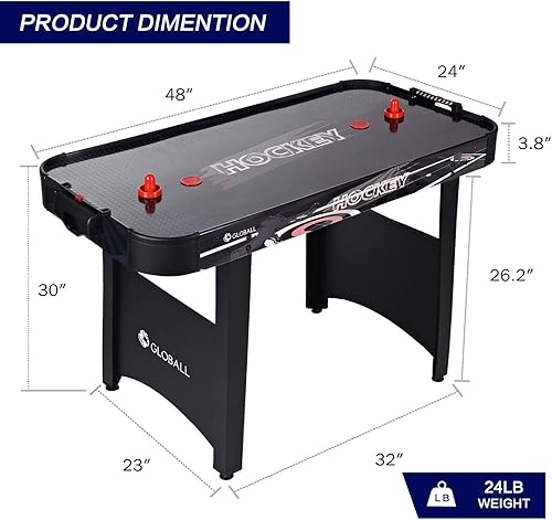 Miniatura 5 de GLOBALL - Mesa de juego de hockey de aire para niños y adultos con puntuación manual, 2 discos, 2 empujadores de hockey y nivelador de piernas