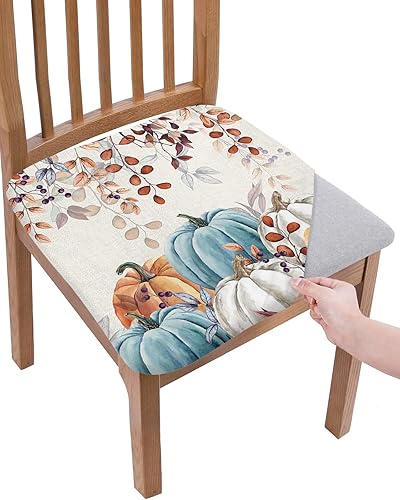 Juego de 4 fundas elásticas para sillas de comedor, diseño de calabazas azules, naranjas y grises, fundas elásticas para sillas de cocina de Acción