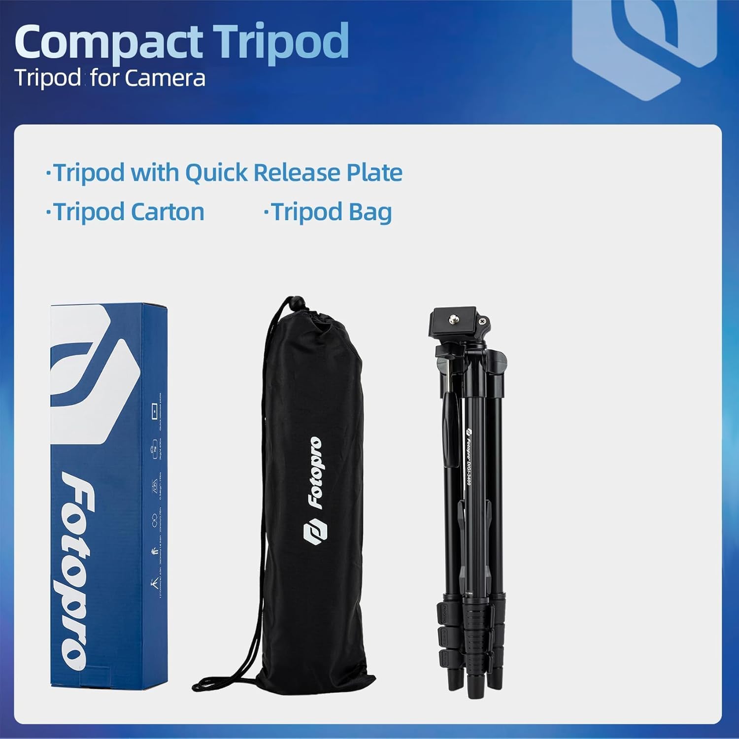 Fotopro DIGI-3400 Tripod packaging and accessories