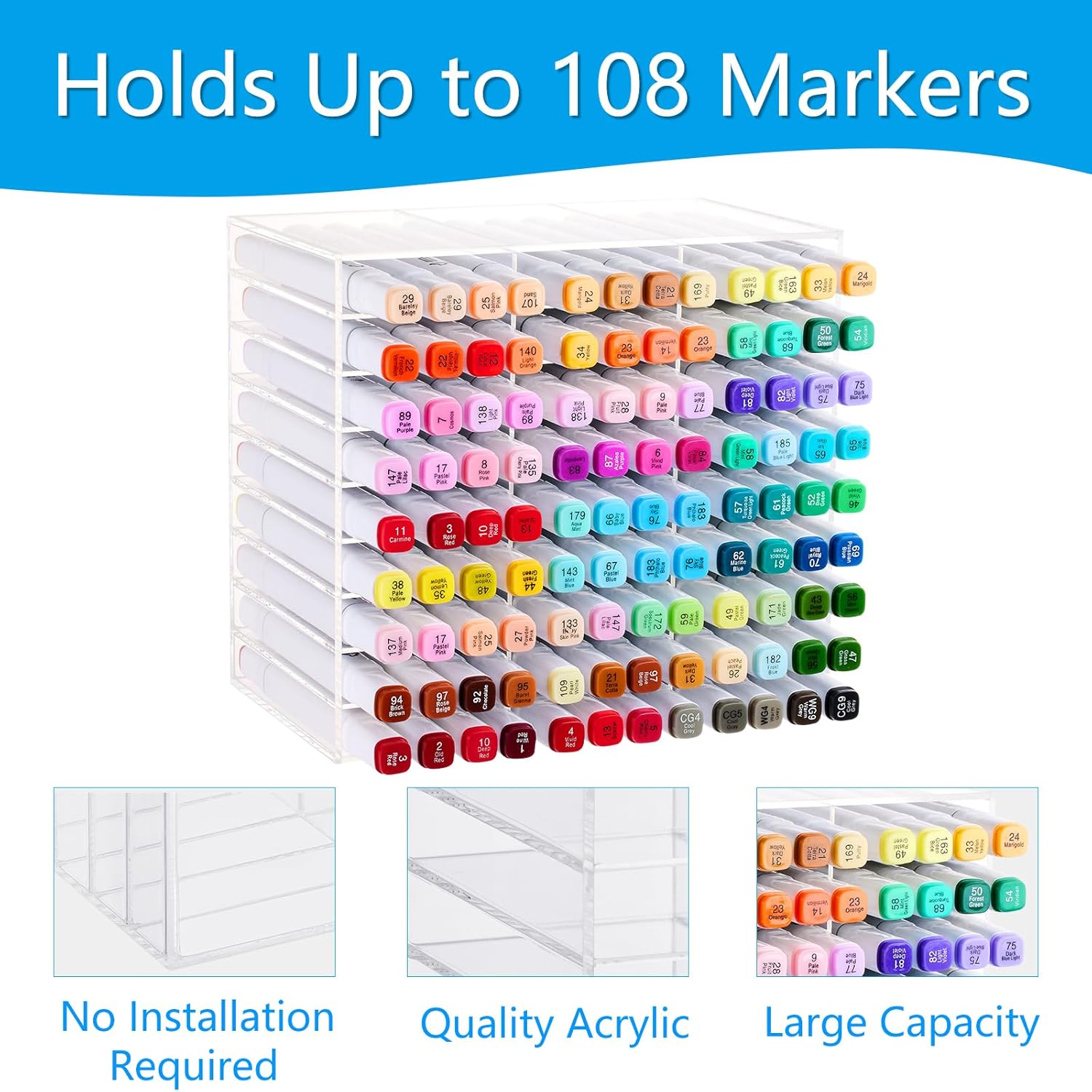 Acrylic Marker Organizer for 108 Markers, Large Capacity Alcohol Marker Storage Rack for Desk, Horizontal Pens Pencils Holder Art Organizer with 27 Compartments for Classroom Office