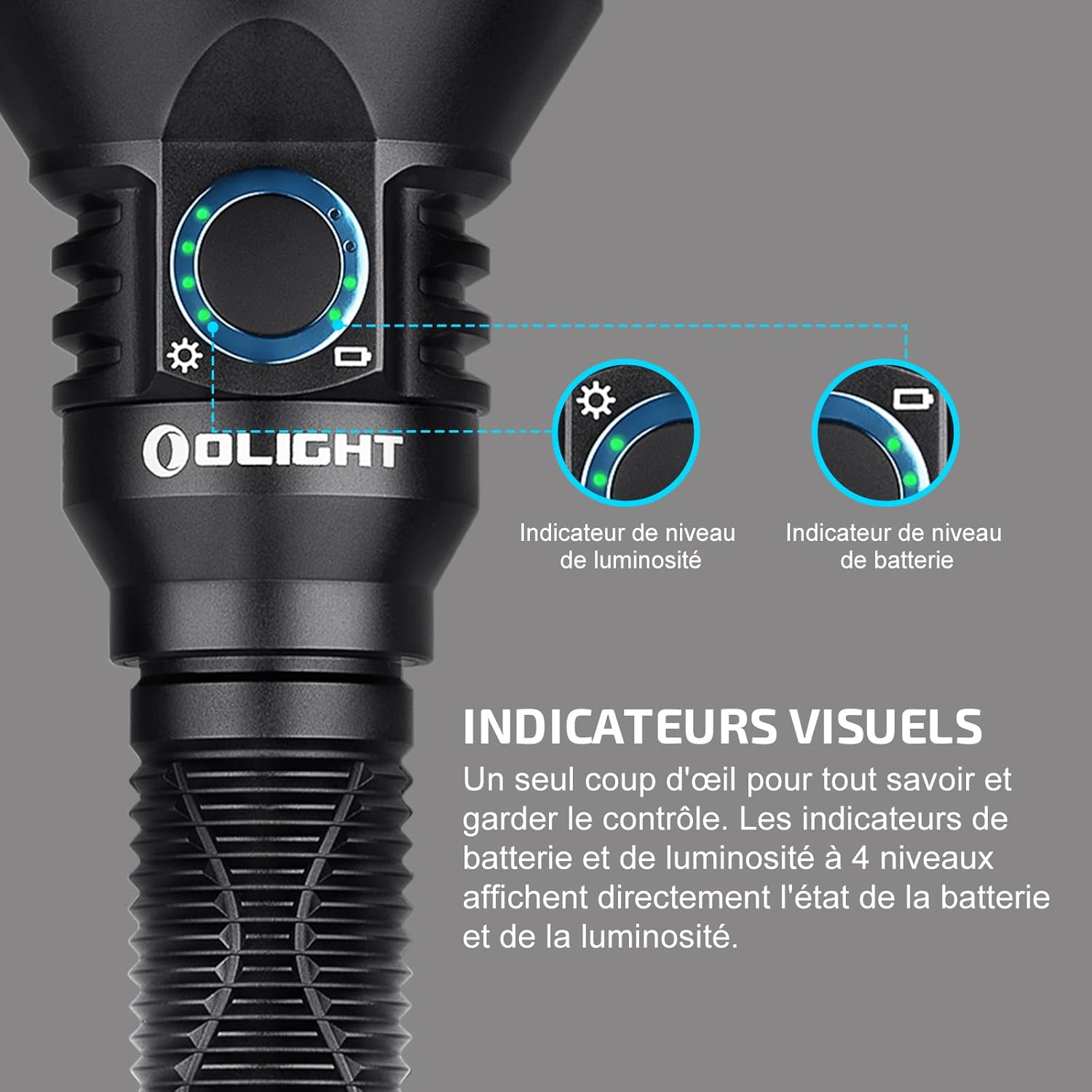 Close-up of the OLIGHT Javelot Pro 2 side switch showing the 4-level battery and brightness indicators.