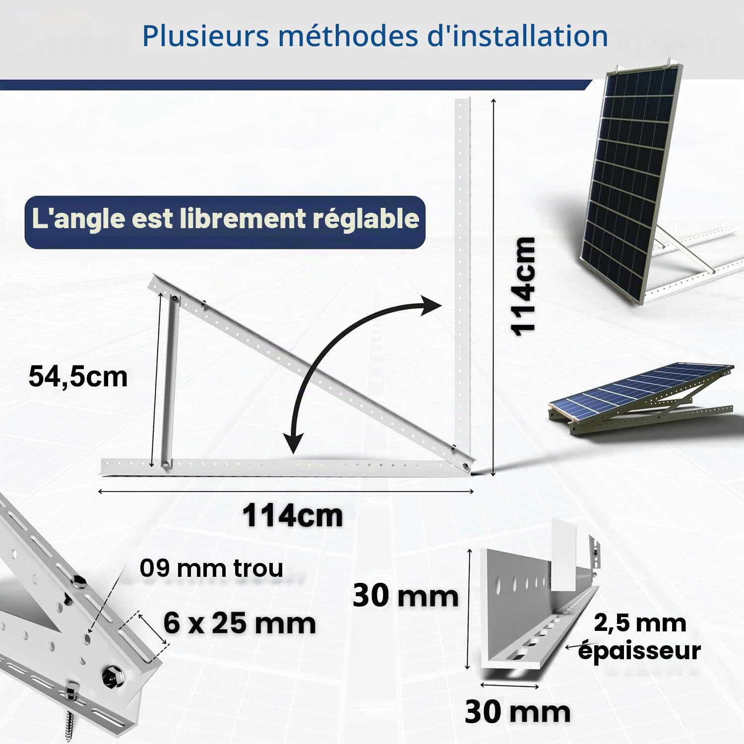 Support de panneau solaire, 114 cm, 2 paires de support de panneau solaire, support pour générateur de balcon pour panneau solaire 100W-500W, support d'angle réglable de 0-90° pour panneau solaire