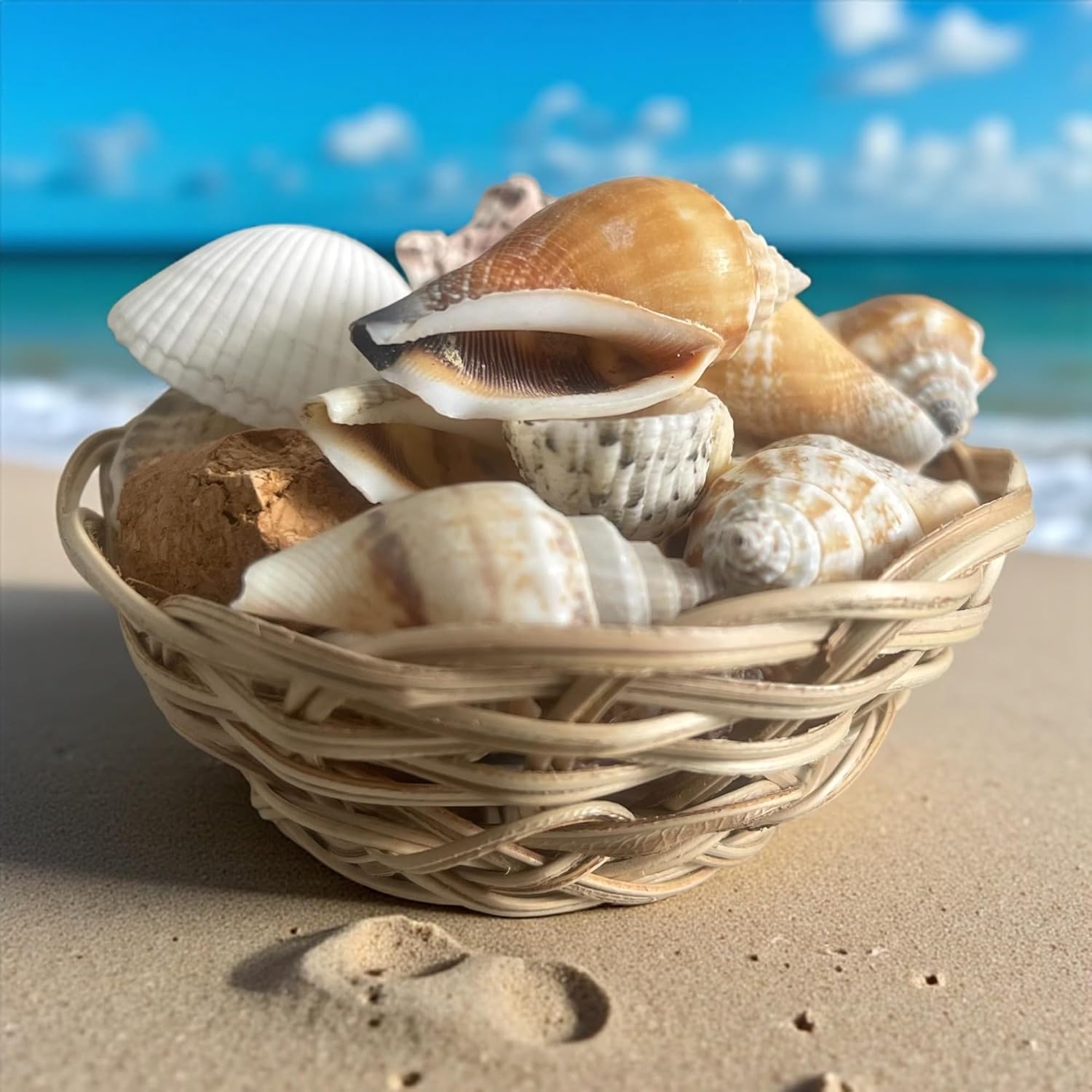 貝殻バスケット装飾セット &ndash; 3インチの手織りバスケットに入った21個の天然貝殻+無料の装飾ストーンギフト &ndash; ビーチウェディング、