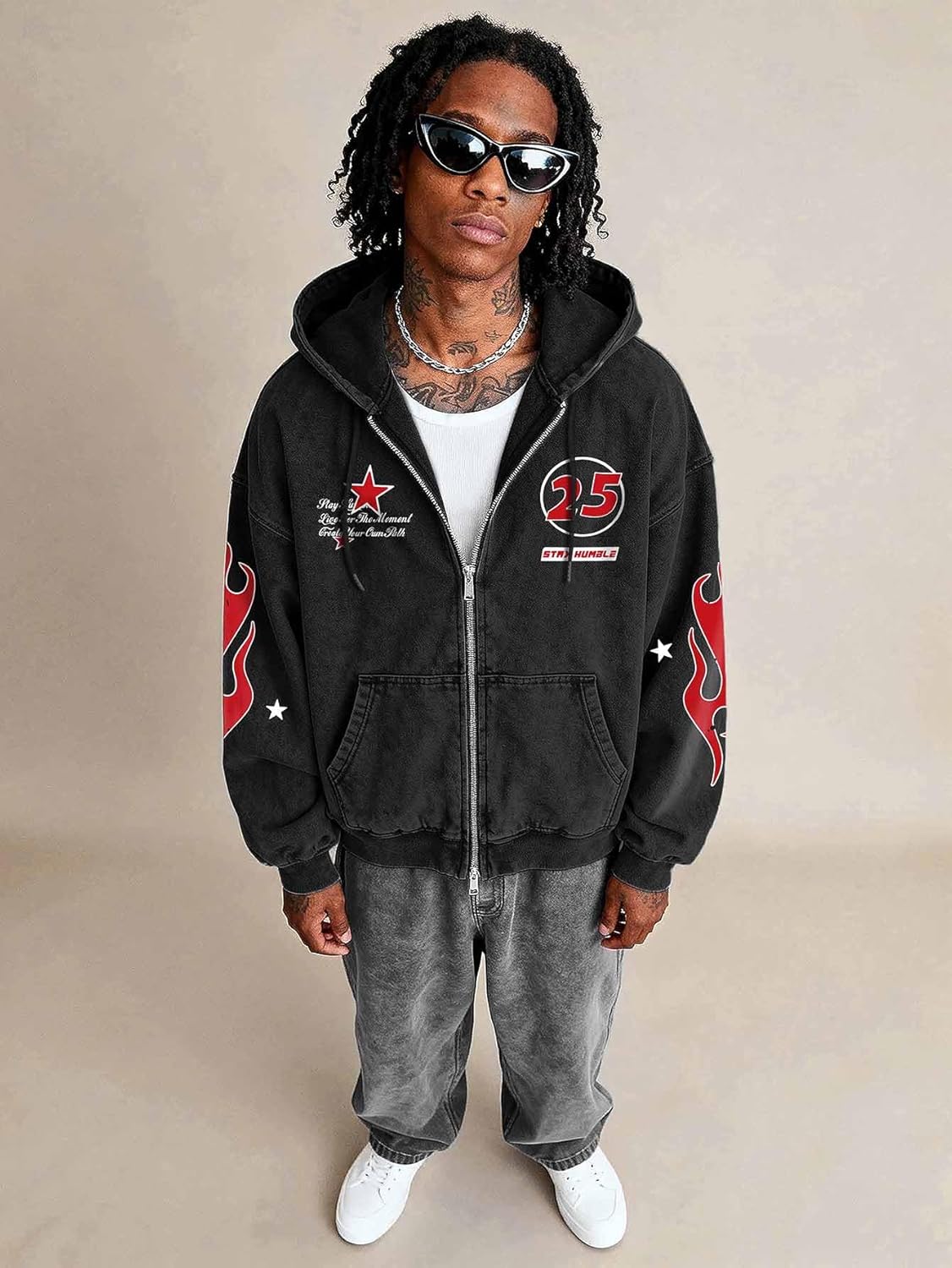 Verdusa Men's Washed Graphic Hoodies Grunge Vintage Lightweight Hip Hop Zip Up Sweatshirt - Image 2