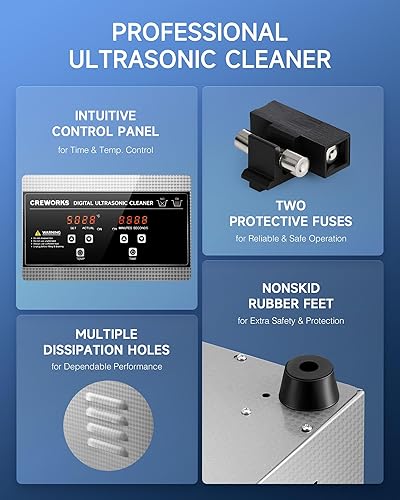 Miniatura 9 de CREWORKS Limpiador de ultrasonido con calentador y temporizador, máquina de limpieza digital sónico de 1.6 galones, limpiador de joyas de acero