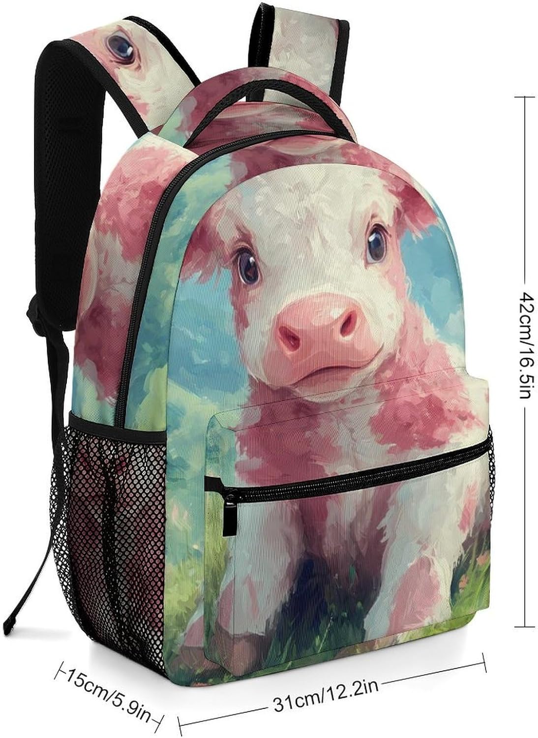 Strawberry Cow Sitting on Grassy Field Unisex Backpack Casual Daypacks Lightweight Shoulders Bag for Camping Hiking Travel