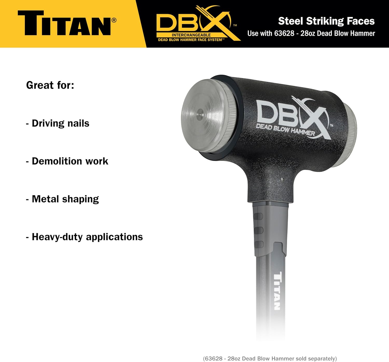 Titan DBX 63637 Interchangeable Steel Striking Faces for DBX 28oz Dead Blow Hammer, Compatible with Titan 63628, 63630, 63632, 63634