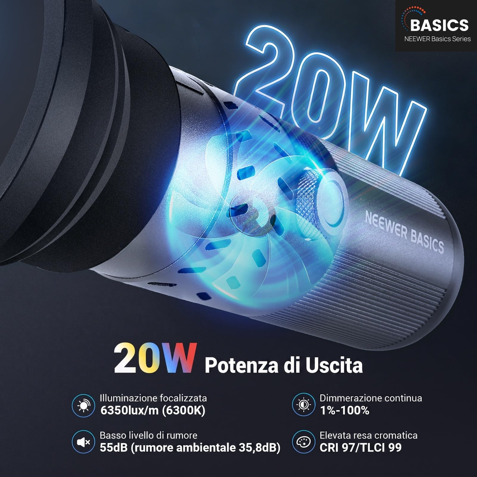 NEEWER BASICS Torcia Fotografica RGB da 20W con 4 Colori | 20 Filtri Gobo, Batteria Integrata da 49,95Wh, 6300K CRI95+ Faretto LED Portatile Luce Ambientale Tramonto per Video, FL20