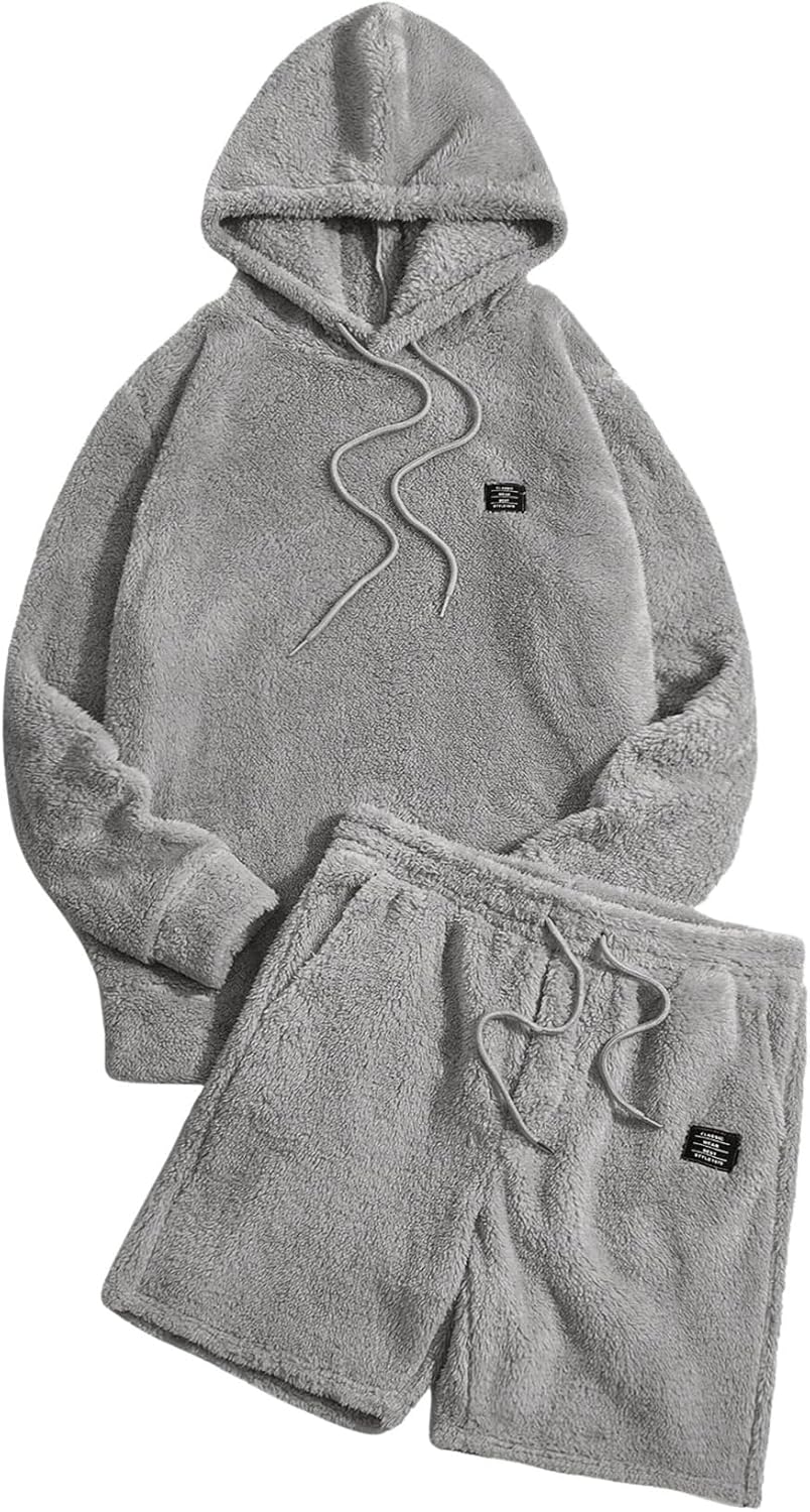 Verdusa Men’s 2 Piece Tracksuit Sets Fleece Fuzzy Hooded Sweatshirt and Shorts
