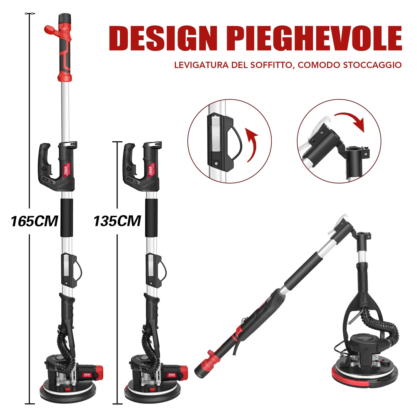 Levigatrice per Muro 880W con aspirazione polvere, 5 velocità (1000-2100 RPM), lisciviazione angoli morti, manico telescopico, LED, strumento rimozione popcorn soffitto 【compatibile aspiratori】