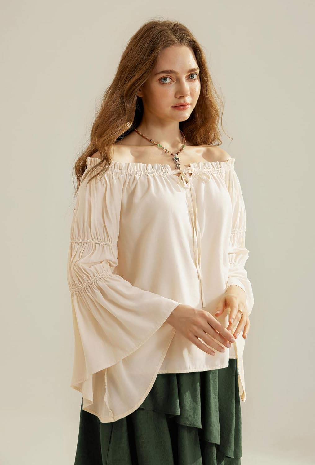 Scarlet Darkness Women Renaissance Shirt Off Shoulder Bell Sleeve Ruffle Casual Loose Peasant Tops - Image 3