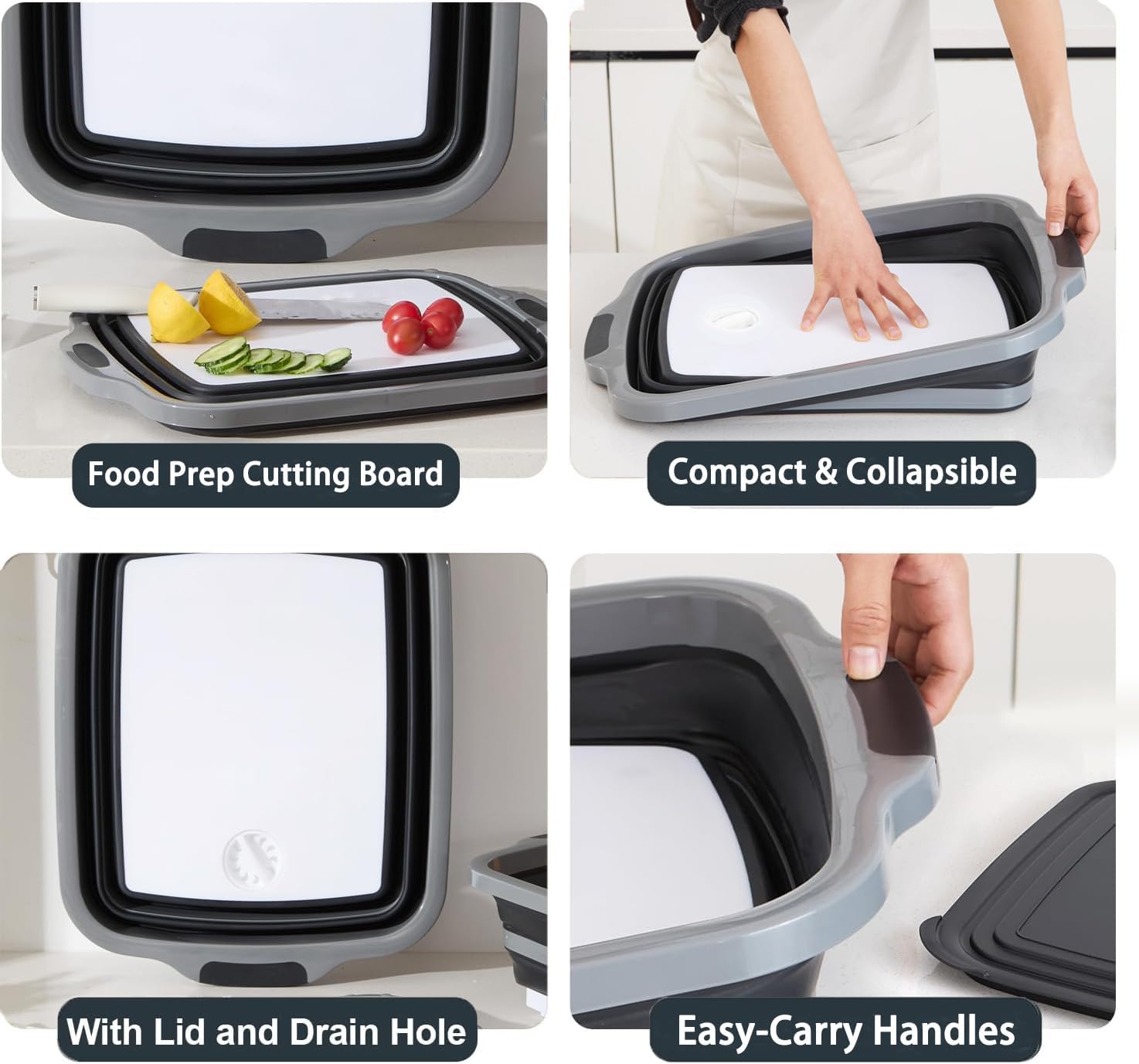 Collapsible BBQ Prep Tub with Cutting Board Lid, Portable Wash Basin for Outdoor Camp/Tailgate & Competition, Marinating Container, BPA-Free, 30L Black