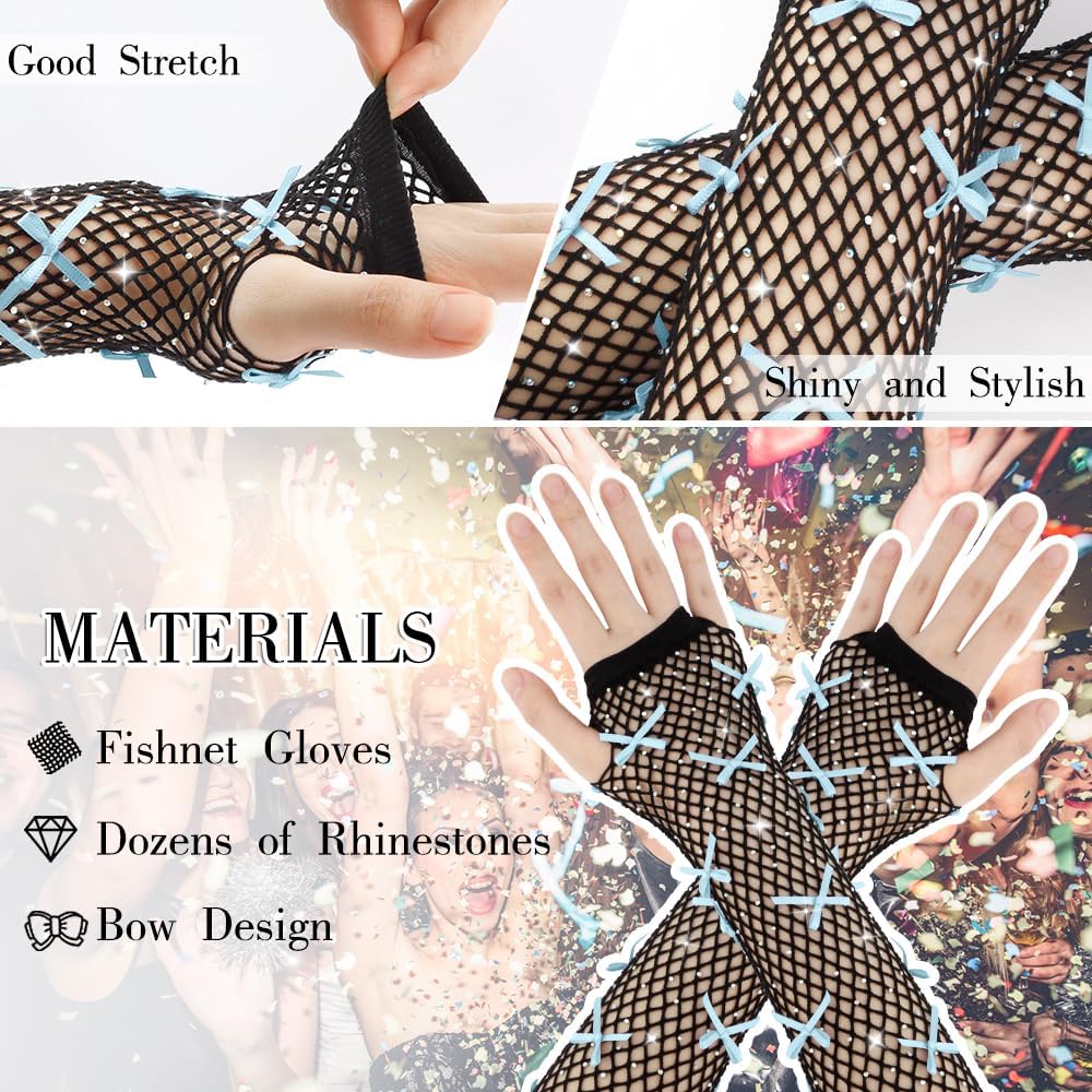 Rhinestone Fishnet Bow Gloves for Women and Girls - Fingerless Fishnet Gloves for Halloween Costume - Image 3