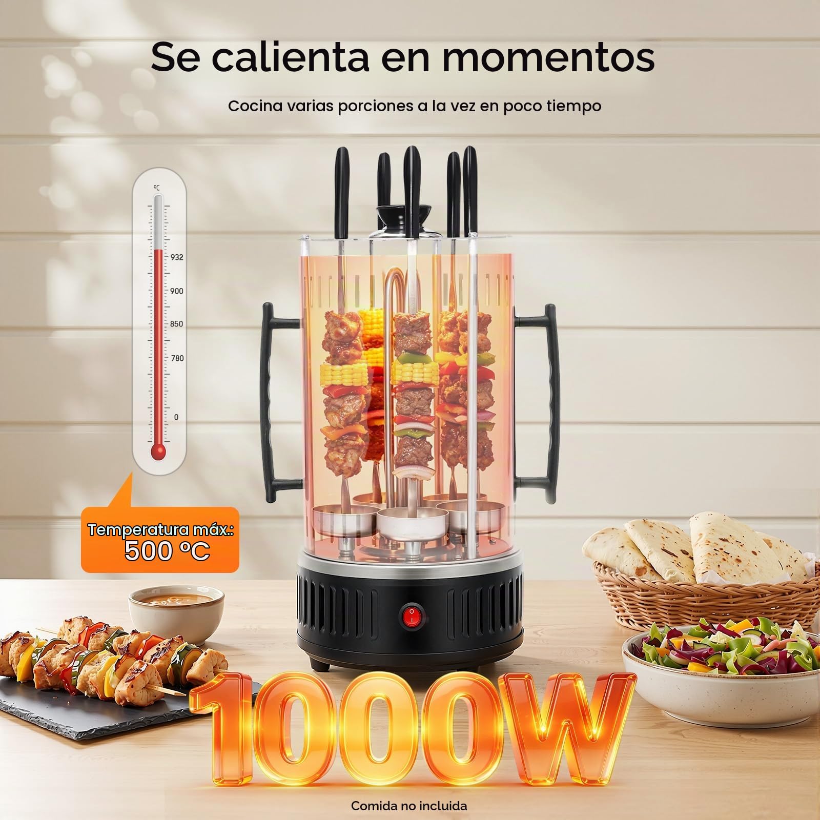 Parrilla eléctrica vertical, asador vertical, parrilla eléctrica giratoria, con 5 brochetas, 5 bandejas recogegrasas, para kebabs, shawarma, asador, 20 x 37,5 cm