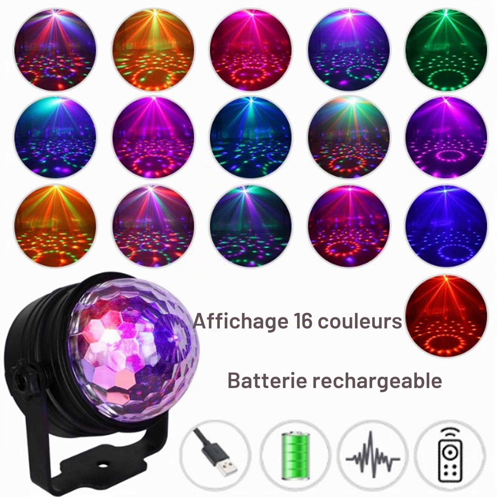 Boule Disco avec Batterie Rechargeable, 15 Couleurs LED Cristal Stroboscope Boule à Facette, Jeu de Lumiere Lampe Rotative de Commande Vocale avec Télécommande pour Soiree/Fête/Noël/Bar/DJ