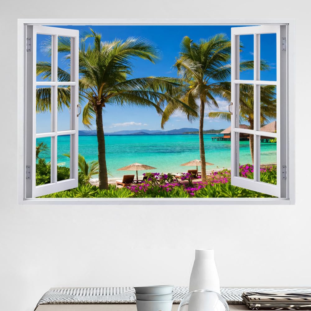 Wandbilder Wandtattoo 3D Palmen Wanddurchbruch Wandaufkleber Strand Naturlandschaft Fensterdeko Bilder Wanddeko Mädchen Aufkleber Selbstklebend Fenstersticker Wandsticker Kinderzimmer Deko