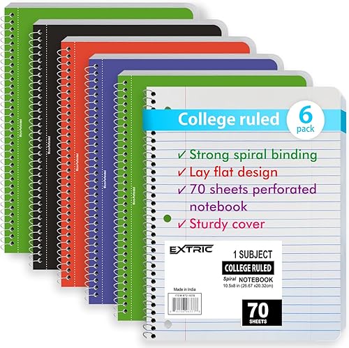 EXTRIC Cuaderno de espiral con rayas universitarias, paquete de 6, 1 cuaderno de espiral de 70 hojas, 8 x 10.5 pulgadas, cuadernos de un solo tema a