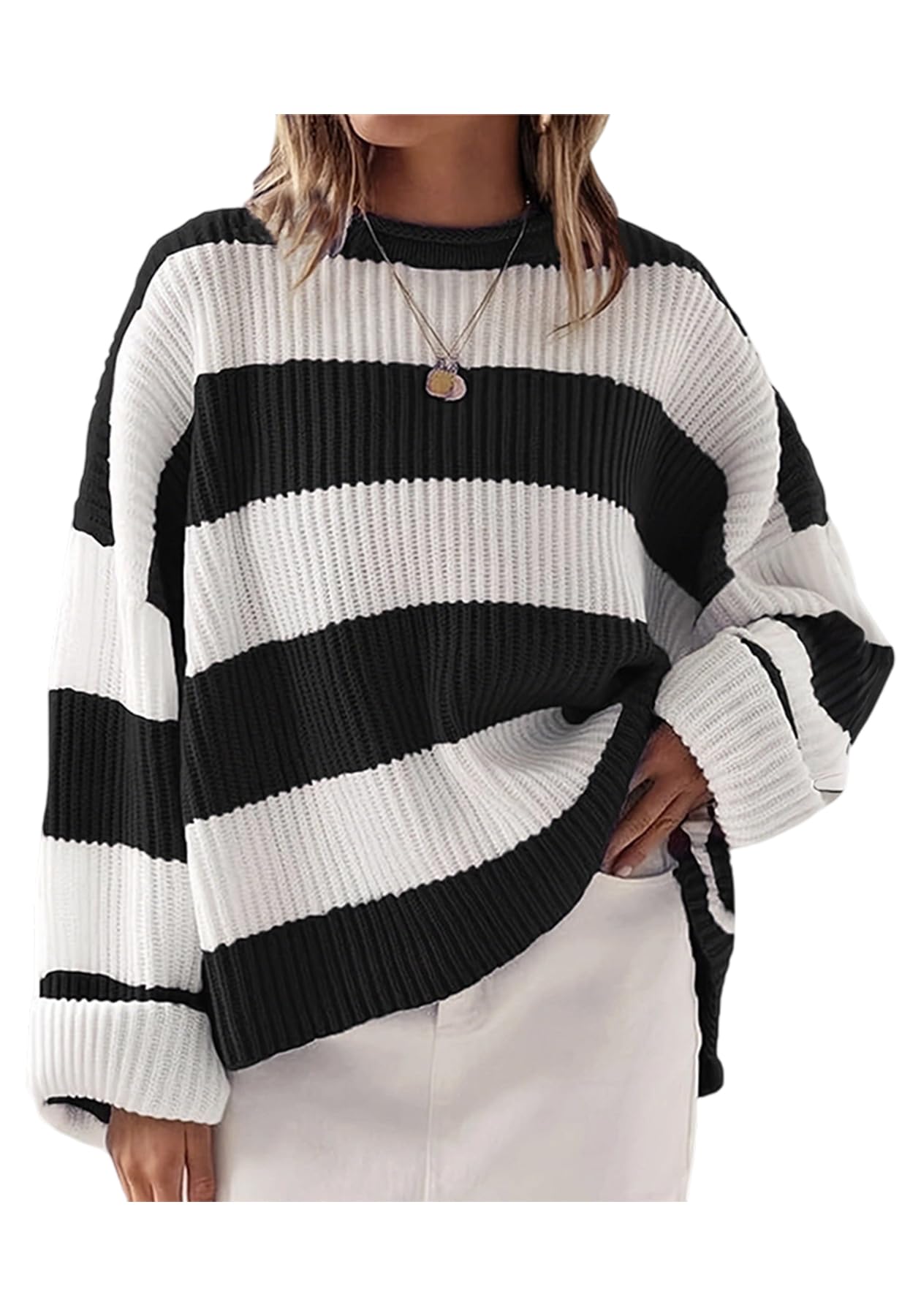Womens Oversized Striped Sweater Chunky Color Block Knit Sweaters Long Sleeve Cropped Crewneck Pullover Tops