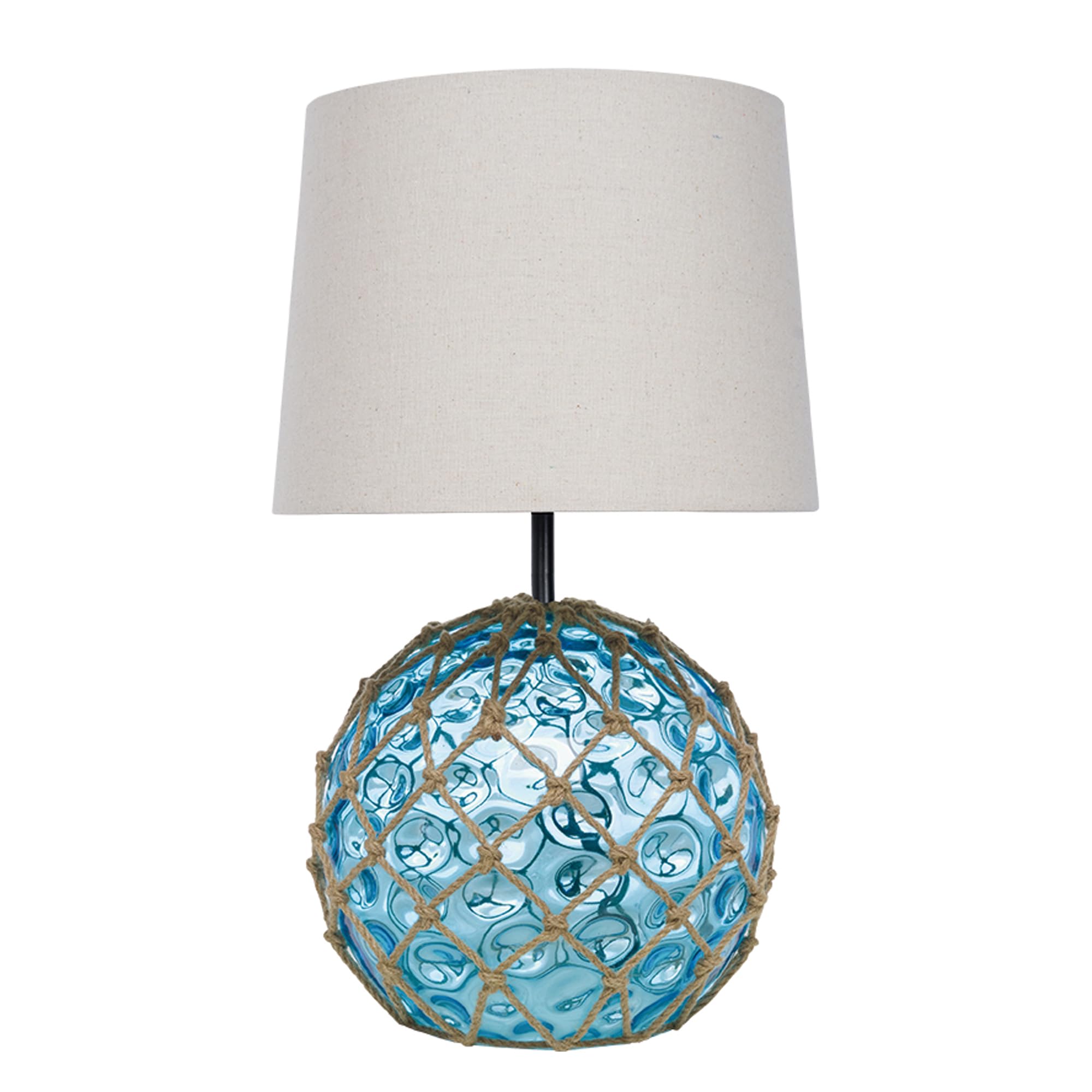 Lámpara marinera de mesa con forma de boya náutica con malla en cabo de cáñamo , lampara náutica de sobremesa Ø30cm, con pantalla cilíndrica en color crudo E27, boya de cristal Azul