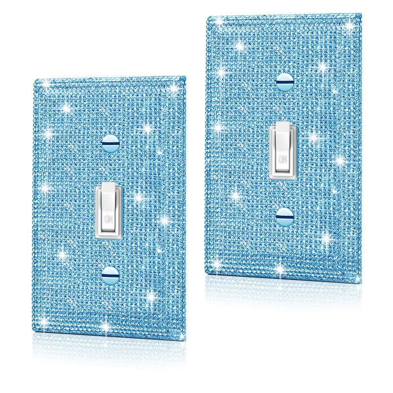 Image of 2 Pcs Shiny Silver Blue Rhinestones Wall Plates Switch Plate Covers Decorative Light Switch Cover Single Toggle Rhinestones Outlet Covers Wall Plate